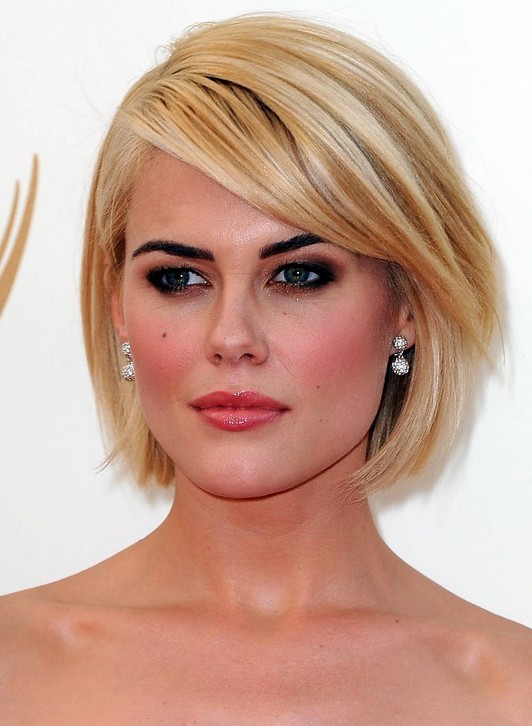 Short blonde bob hairstyle with side swept bangs 