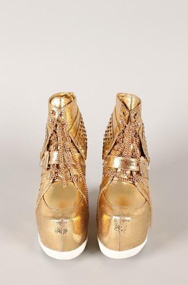 Front view of the Metallic Pyramid Chain Lace Up Wedge Sneakers with rivets