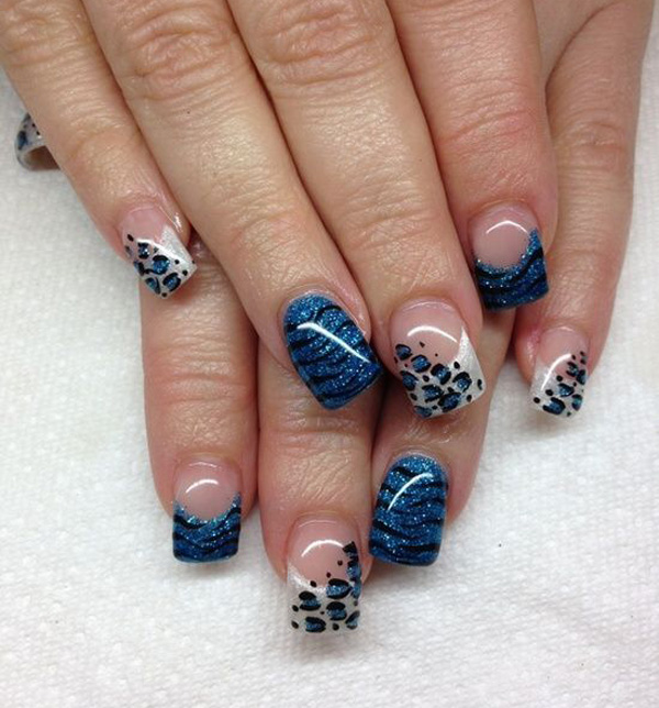 Blue french nail design with leopard print