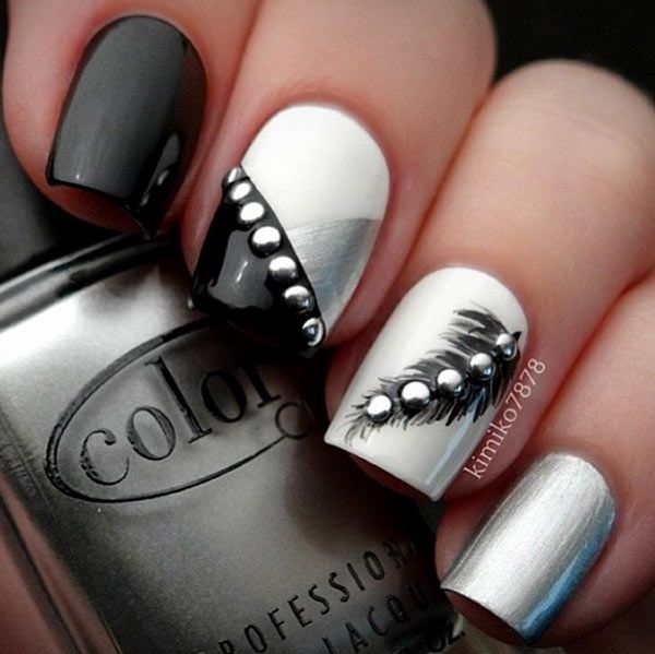 Black-silver nail design for long nails