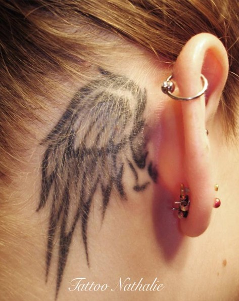 30 angel tattoos designs: cute little angel wing tattoo behind the ear