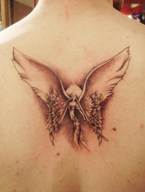 Angel tattoos designs: woman angel tattoo on the neck