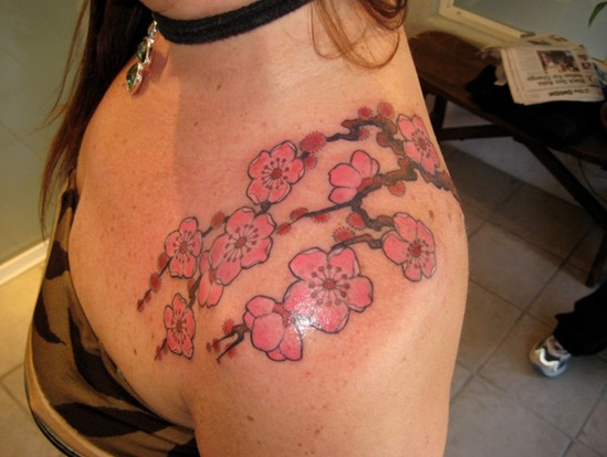 Cherry Tattoo Designs: Cherry Blossom Flower Tattoo on Shoulder for Girls