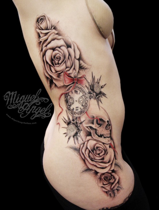 Women tattoos: Rose tattoo on the body side