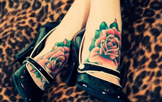 Colored rose tattoo: foot tattoos for girls