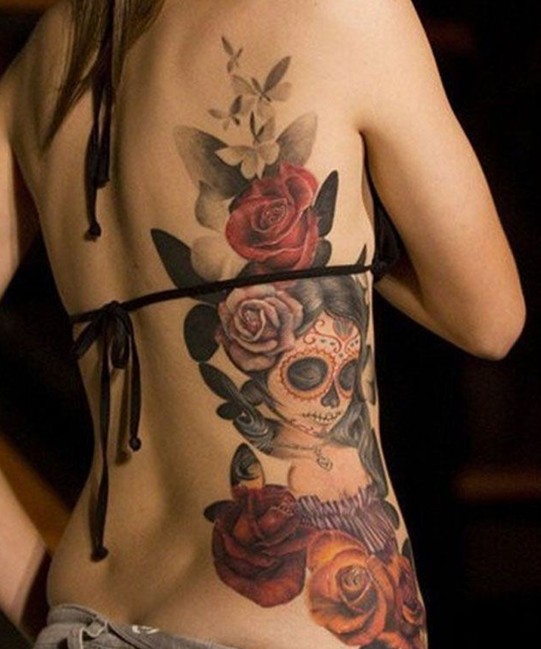 Flowers and skull tattoo design