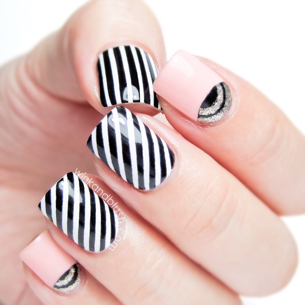 Classic black and white striped nail art