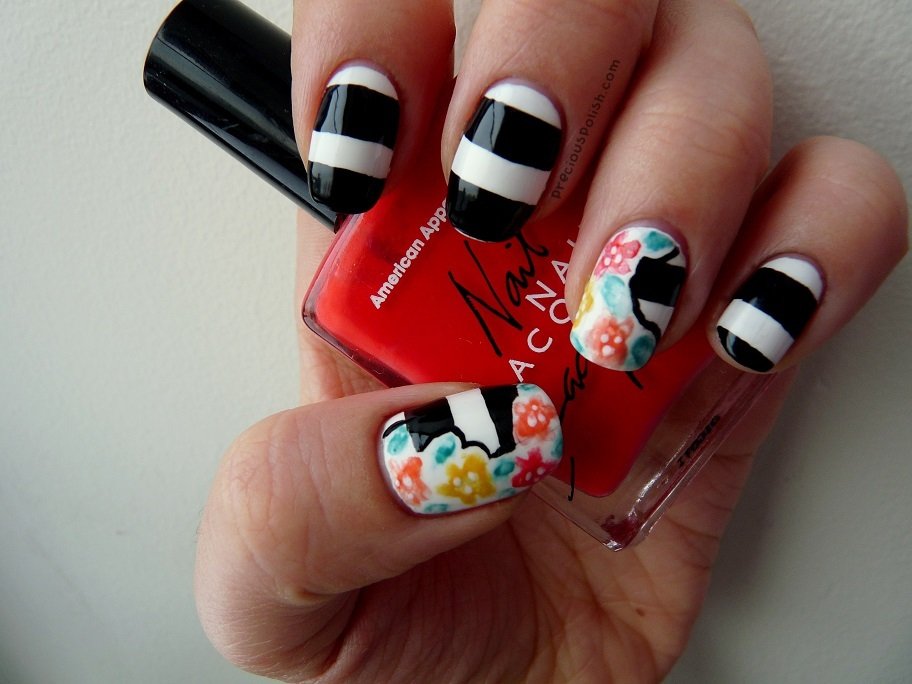 Floral striped nail art