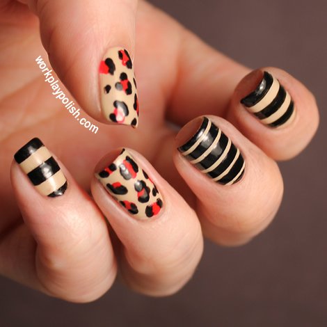 Leopard and striped nail art