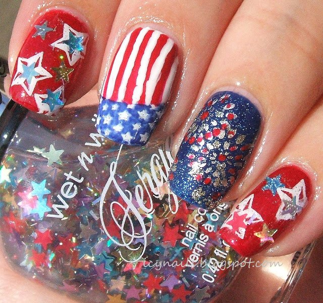 Sequin nail design with American flag
