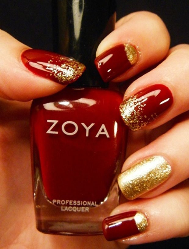 Red and gold nails art design