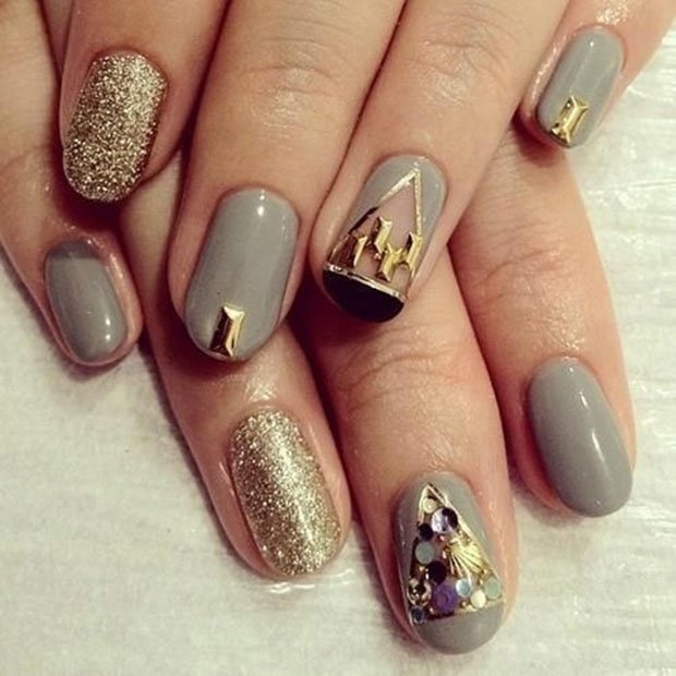 Gray and gold nails art design