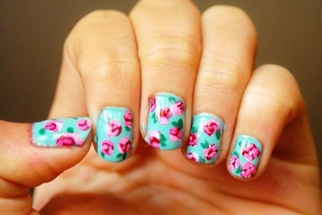 Mint Floral Nail Design