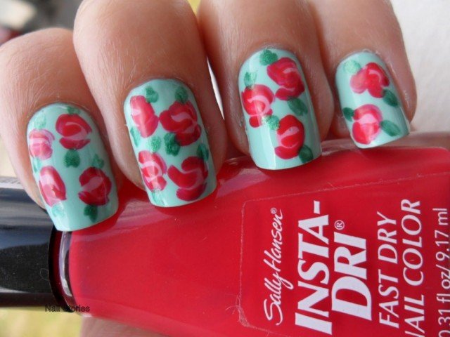 Mint Floral Nail Design