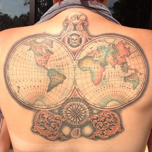 Globe back tattoo