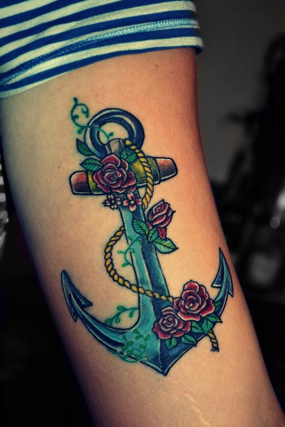 Anchor and rose tattoo