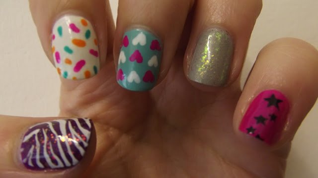 Mismatched nail designs with mini printing
