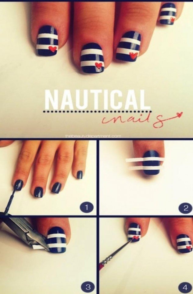 Striped nails with a heart design