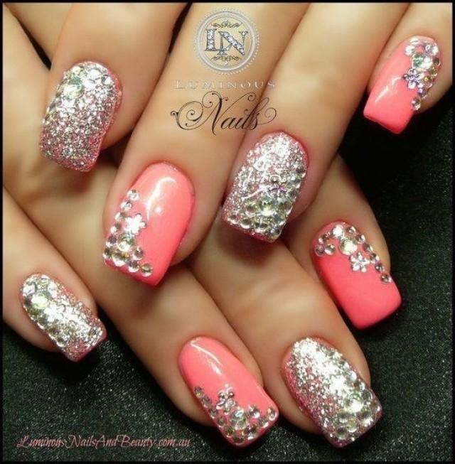 Pink decorated gemstone nails