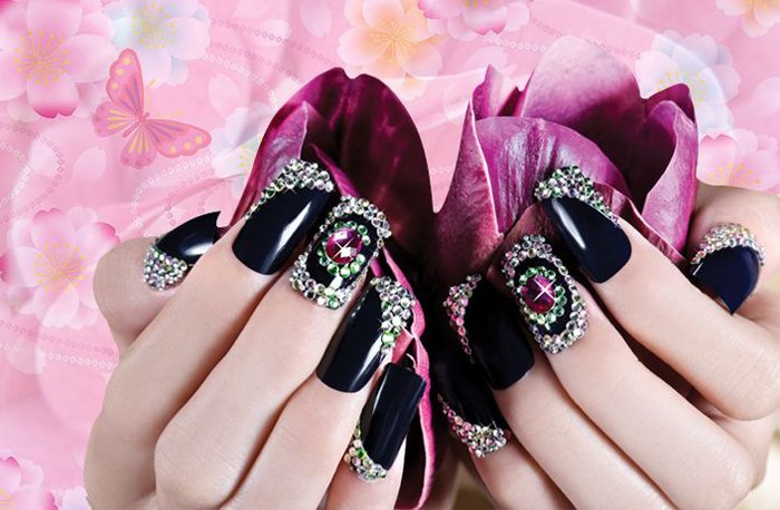 Black decorated gemstone nails