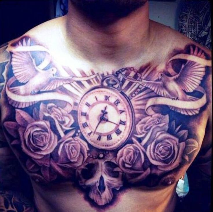 Flowers and clock chest tattoo
