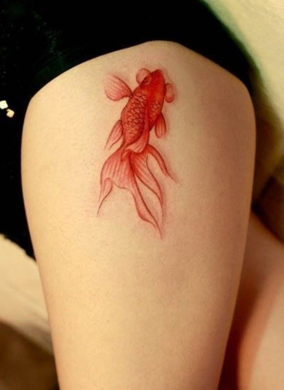 Pretty gold fish tattoo on the thigh