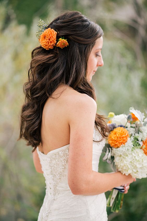 half hair with flowers over