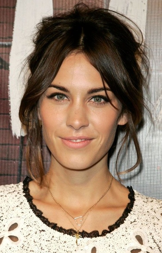Alexa Chung's messy updo and split fringe hairstyle