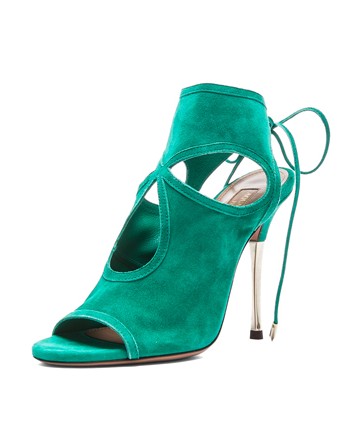 Aquazzura Sexy Thing suede peep toe bootie with metal heel, emerald and platino