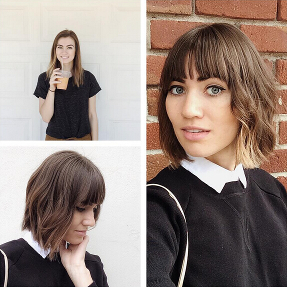 Wavy bob hairstyle with bangs