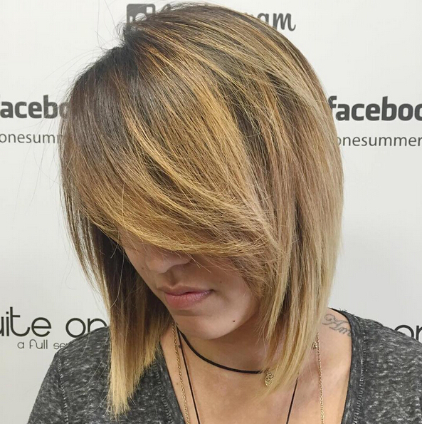 Layered bob hairstyle with bangs