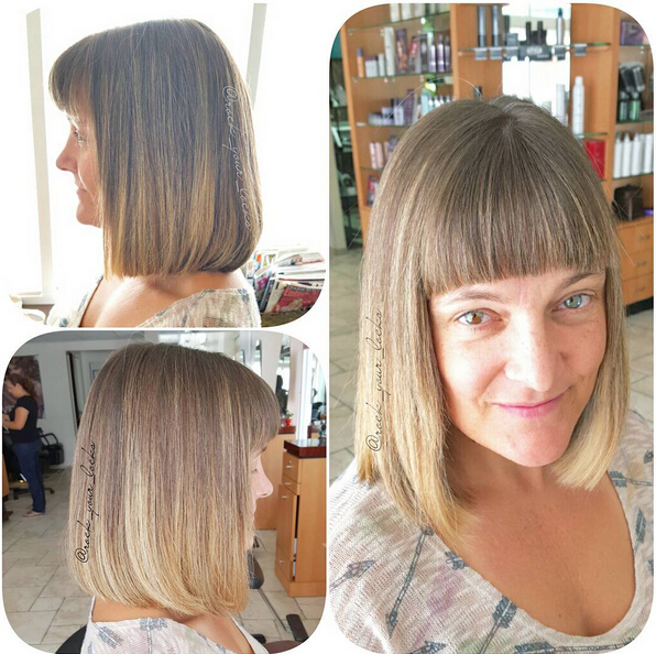 Long bob hairstyle with bangs