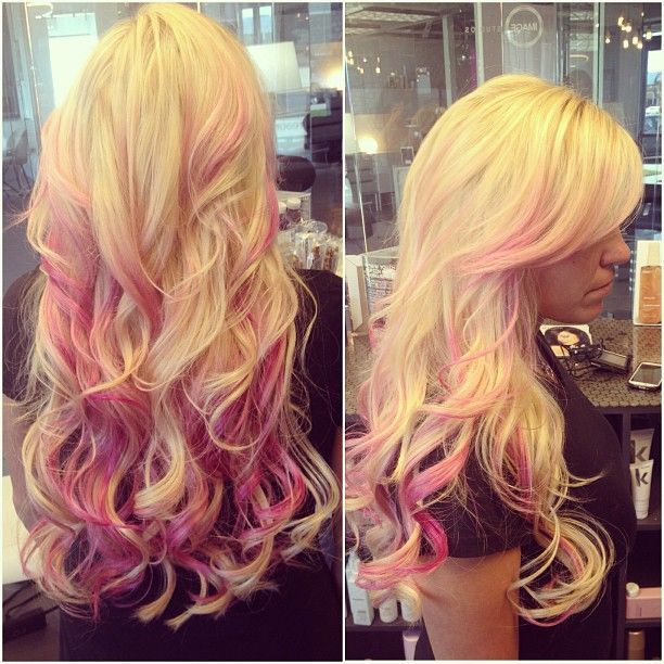 Long wavy blonde and pink hairstyle