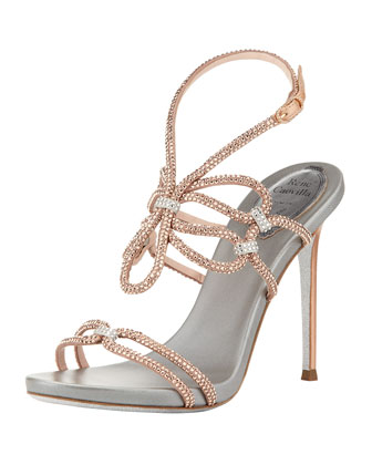 Rene Caovilla crystal high-heeled sandal with ankle wrap, rose gold silver