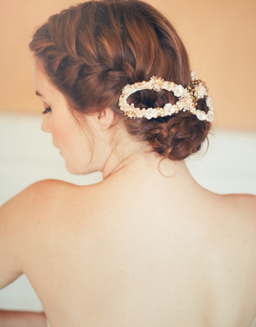 Wedding updo hairstyle with headwear