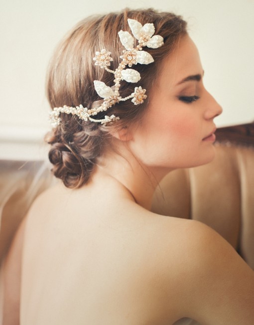 Bride updo hairstyle with headgear