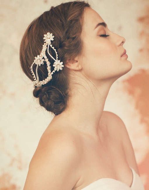 Beautiful bride updo hairstyle with headgear