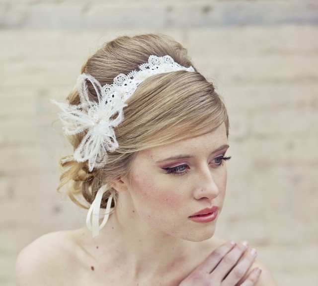 Bride updo hairstyle with lace headband