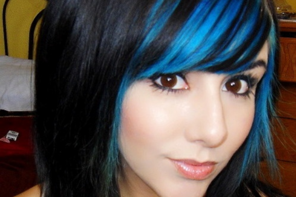 Long black hair with blue bangs