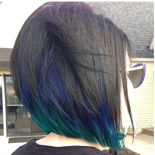 Dull bob hairstyle with blue highlights
