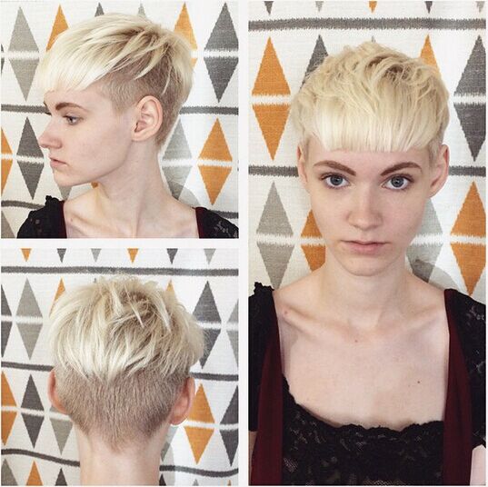 Short blonde hairstyle with blunt bangs