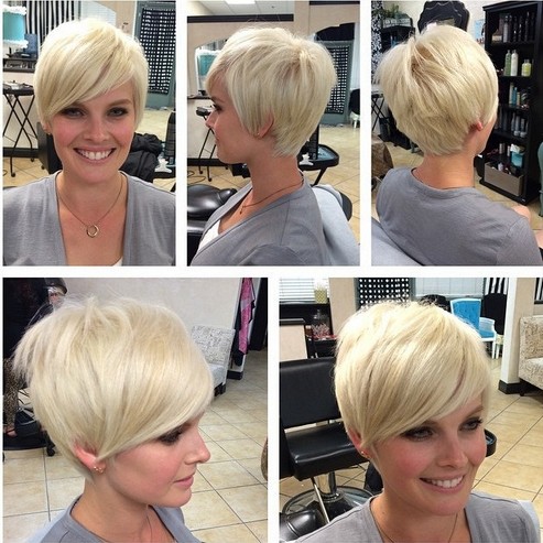 Simple short blonde haircut with bangs