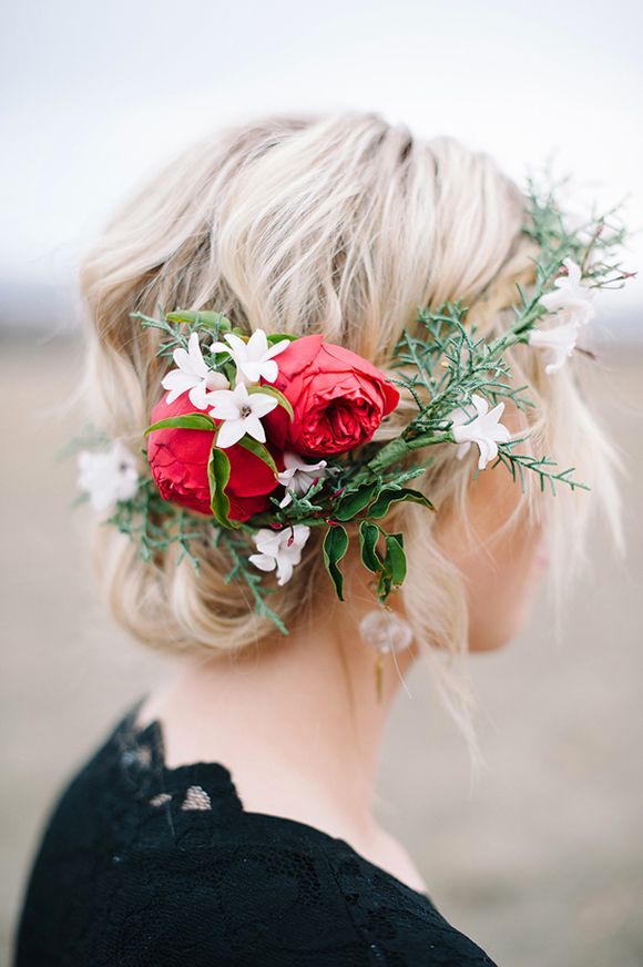 Low bun with a crown of flowers