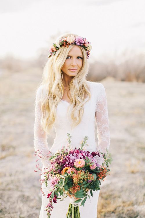Boho hairstyle with flower crown for the wedding