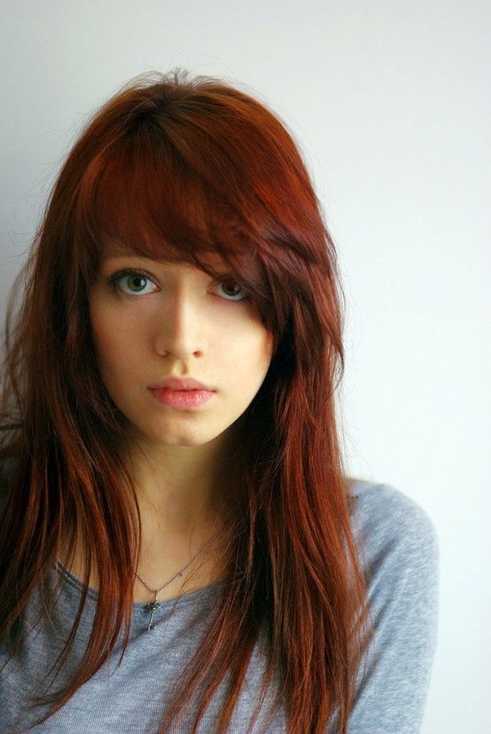 Long hairstyle with bangs for copper hair