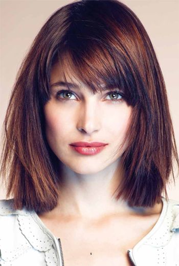 Medium blunt bob haircut with bangs