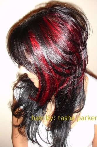 Dark hairstyle with red highlights