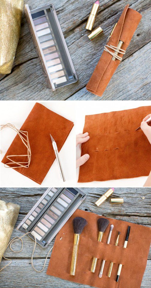 DIY leather makeup brush holder