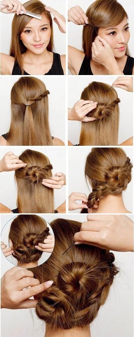 French braid updo hairstyle with angled bangs