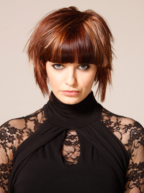 Brunette short bob with golden highlights